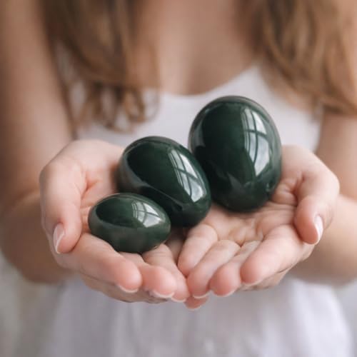 Nephrite Jade Stone Eggs 3-Piece Set – Large, Medium & Small | Side-Drilled, Smooth Hand-Polished Natural Stone with String, Cleaning Brush, Instructions & Certificates | Polar Jade