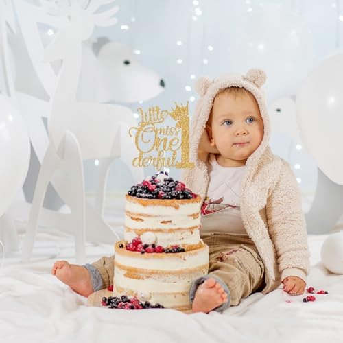 Gold Glitter Little Miss Onederful Cake Topper, One/My 1st Birthday, Baby's 1st Birthday Baby Shower Party Decorations Supplies