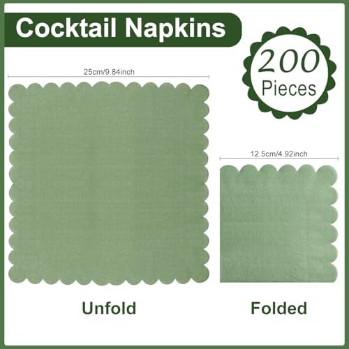 200 Pieces Cocktail Napkin, Sublaga 2-Ply Scalloped Edged Dessert Napkins Folded 5 x 5 Inches Disposable Gradient Color Paper Napkins for Dinner Wedding Birthday Baby Shower Party, Green