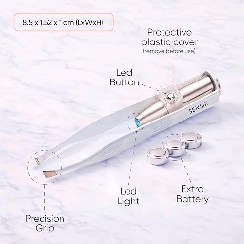 Sensica Eyebrow Tweezers with Light – LED Lighted Tweezers for Women Facial Hair – Precision Eyebrow Plucking Slant Tip Stainless Steel Tweezer with Long Arms & 3 Extra Batteries