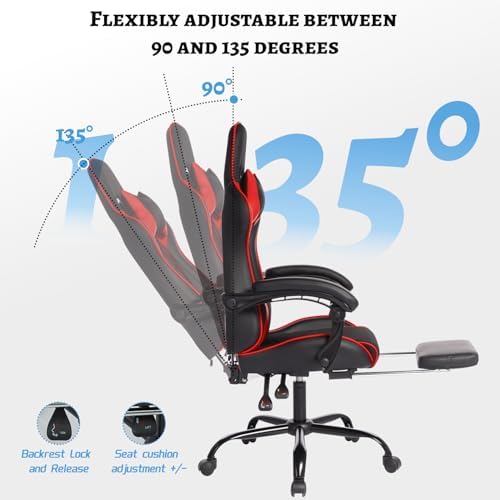 Gaming Chairs with Headrest and Lumbar Support, PU Leather Reclining Gaming Chair with Footrest, Racing Style Computer Desk Chair, Adjustable Height & Backrest (Black+Red)