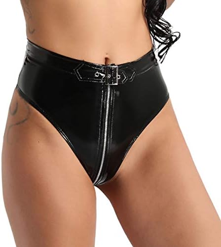 iEFiEL Women Wetlook Crotch Zipper Faux Leather High Waisted Booty Shorts Brief Style Bottoms