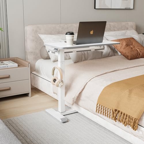 ETHU Overbed Table with Wheels, Medical Table with Drawer, Hospital Bed Table, Workstation Desk, Adjustable Overbed Bedside Rolling Laptop Desk, Marble White