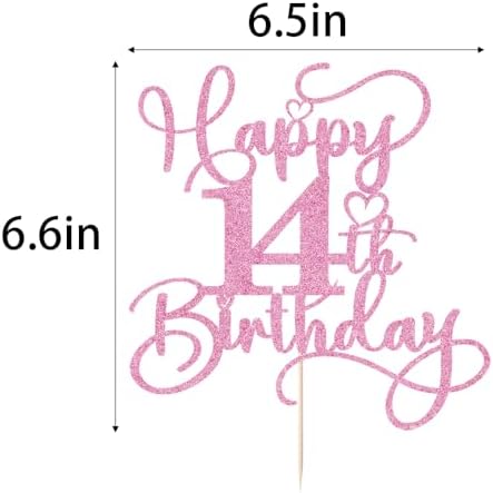 Pink Happy 14th Birthday Cake Topper 1pcs Glitter Cake Topper for fourteen Birthday/Anniversary Theme Party Cake Decorations Supplies