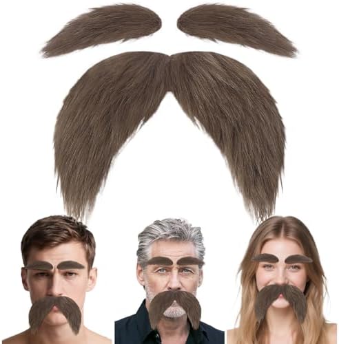 Mustache and Eyebrows Fake Beard for Adults, Self-Adhesive Cosplay Halloween Costume Accessories with Comb, Funny Party Favor