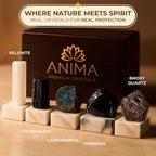 Anima Premium Protection Healing Crystals Set for Energy Shielding - Large Raw Obsidian, Black Tourmaline, Labradorite, Smoky Quartz & Selenite Bar - Wooden Gift Box and Guide Booklet Included