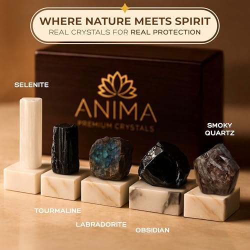 Anima Premium Protection Healing Crystals Set for Energy Shielding - Large Raw Obsidian, Black Tourmaline, Labradorite, Smoky Quartz & Selenite Bar - Wooden Gift Box and Guide Booklet Included