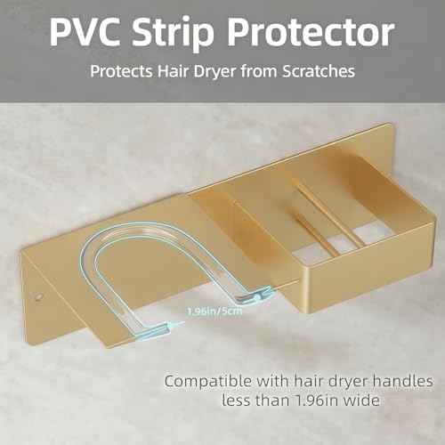 Hair Dryer and Straightener Holder, Upgraded Hair Straightener Holder with Cable Hook, Stainless Steel Universal Hairdryer Holder Wall Mounted Waterproof for Bathroom Space-Saving Gold PTALSEAW