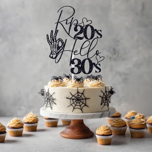 Black Glitter Rip 20's Hello 30's Cake Topper, Death to My Twenties Décor, Old English Disco Gothic Themed 30th Birthday Oarty Decorations Supplies