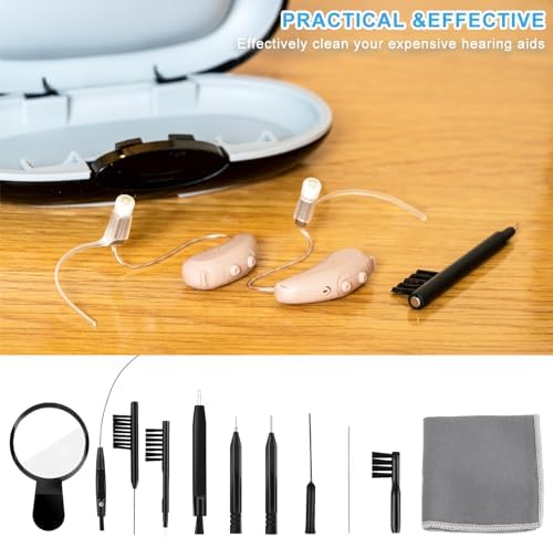 WXJ13 Hearing Aid Cleaning Kit, 13 Pieces, Includes Nylon Brushes, Magnifier, Ventilation Rod, Screwdriver, Case for Headphones, Earplugs, Mobile Phone Charging Holes