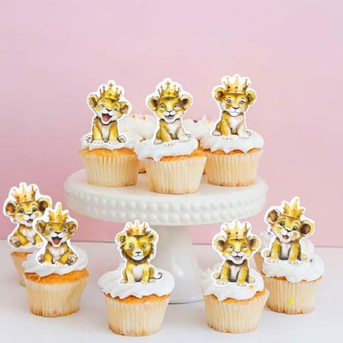 40Pcs Edible Lion Cupcake Toppers Wafer Paper Safari Animal Theme Cake Toppers Decoration for Lion Drink Topper Baby Shower Birthday Animal Theme Party Cake Decorations Supplies