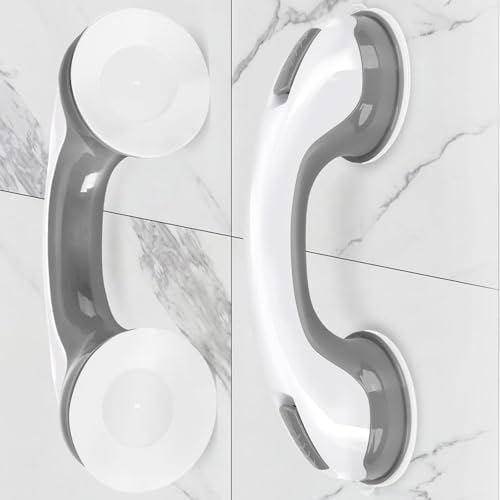 Shower Handle 12 Inch Bathroom Grab Bar with Strong Suction Cup, Double Suction Design for Shower Tub Tile Wall, White Grey