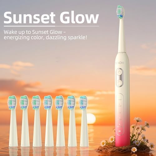 YUNCHI Sonic Electric Toothbrush, Electric Toothbrush for Adults and Kids, Rechargeable Battery Toothbrushes, 4 Brush Heads, 2 Min Timer, IPX7 Waterproof, 5 Modes, Red Yellow Gradient