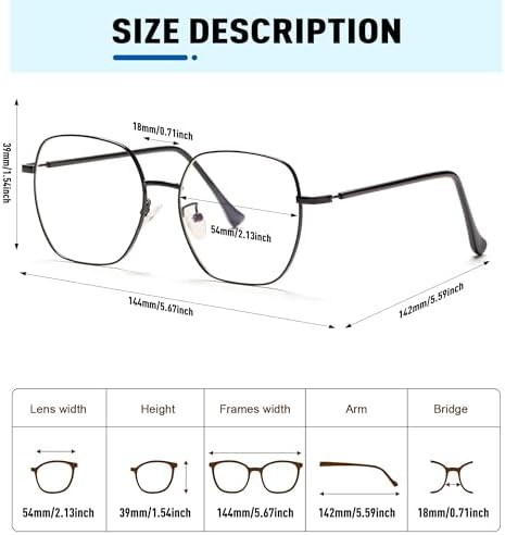 Oversized Square Reading Glasses Women, Large Blue Light Blocking Readers, Fashion Metal Anti Eyestrain Eyeglasses