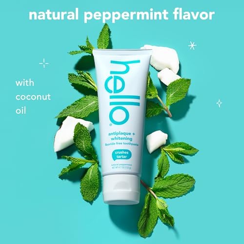 hello Antiplaque and Whitening Fluoride Free Toothpaste, Whitening Toothpaste with Coconut Oil and Tea Tree Oil, Helps Whiten Teeth, Natural Peppermint, 3 Pack, 4.7 Oz Tubes