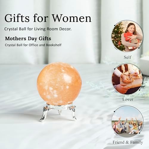 Crocon 45mm Orange Selenite Stone Sphere Ball with Metal Stand 1400+ Carats Gemstone Ball Healing Sphere Sculpture Figurine for Fengshui Divination Home Decoration Photography Crystal Sphere