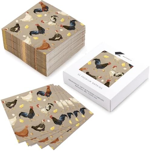 WRAPAHOLIC 50Pcs Roosters Hens Cocktail Chicken Napkins - 3-Ply Farm Paper Napkins for Chicken Birthday Party, Farm Party and Farmhouse Supplies - 5 x 5 In