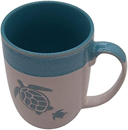 Wowser Speckled White Mug Dipped in Teal with Mom and Baby Turtle Design, Stoneware Mug, 16 ounces