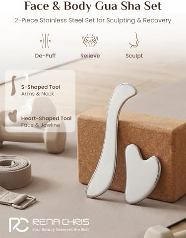Rena Chris Gua Sha & Muscle Scraper Tool, Stainless Steel Face & Body Gua Sha Set for Lymphatic Drainage & Deep Tissue Massage, Travel Pouch & Guide Included (2-Piece Kit)