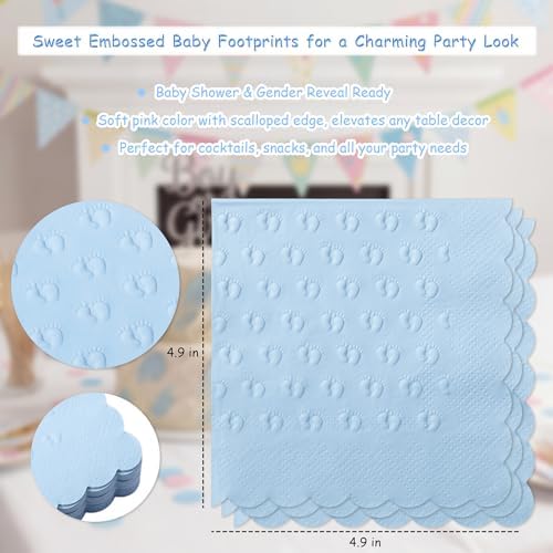 Crisky 3 Ply Baby Shower Napkins for Boy, 50 Pack Embossed Footprints Blue Napkins for Dusty Blue Jean Boy Baby Shower Decorations, Disposable Paper Cocktail Napkin, and Not Easily Torn