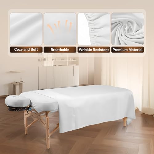 FAHKNS 4 Sets Premium Microfiber Massage Table Sheets Set, 3 Piece Set Ultra-Light Massage Table Cover, Soft Massage Sheets Sets Include Flat Sheet, Fitted Sheet, and Massage Face Rest Cover, White