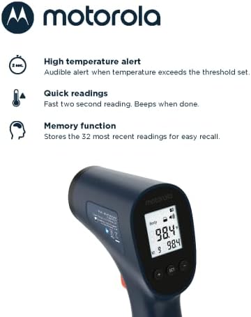 Motorola Nursery Touchless Infrared Thermometer with Backlit Display, TE-94 with Memory Function, High Temperature Alert, Dark Blue