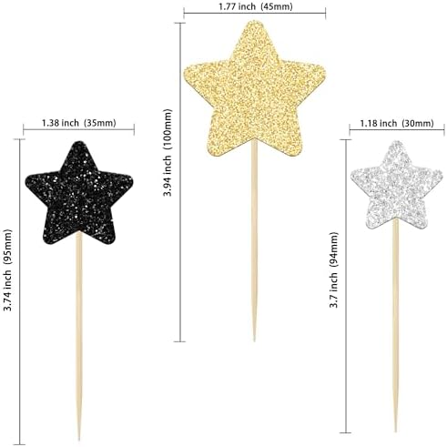 Gyufise 42Pcs Star Cupcake Toppers Glitter Assembled Twinkle Star Cupcake Picks Wedding Engagement Bridal Shower Birthday Party Cake Decorations Supplies Black Gold Silver