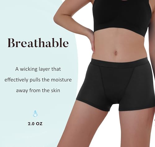 AIRCUTE Women Washable Urinary Incontinence Boxer Briefs Underwear Breathable Protective Boy Shorts for Leaks 2.0OZ 3 Pack (Black, Large)