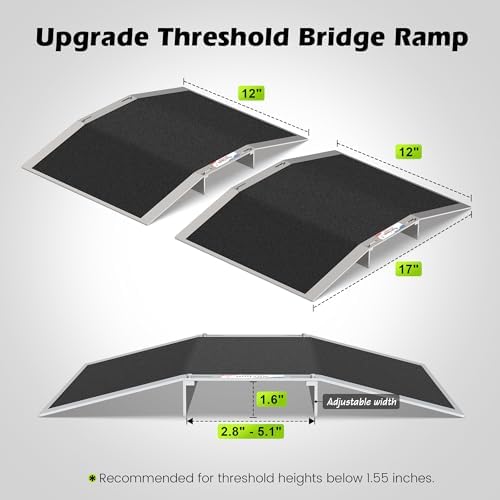 2pc×12"L×1.6"H Bridge Threshold Ramps for Doorways, Fits 2.8–5.1" Wide Thresholds with Adjustable Support Bars,Non-Slip Aluminum Wheelchair Ramps for Home Steps,Sliding Door Ramp for Wheelchair