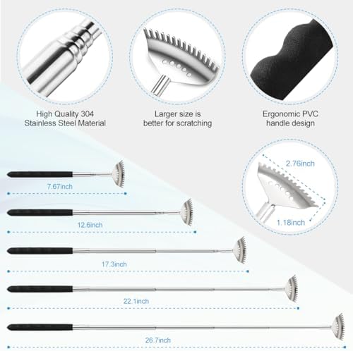 4Pcs Different Back Scratcher Extendable Back Massager Tool with Rubber Handles, Metal Portable Telescoping Back Scratcher, Stocking Stuffers for Men Women Christmas Gift (Black)