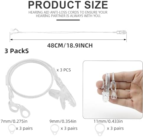 Hearing Aids Clip Holder Portable Hang Rope Anti Lost Hearing Amplifier Lanyard Clips（3 Sets，Includes 7mm/9mm/11mm Silicone Loops * 6）