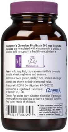 BlueBonnet Nutrition Chromium Picolinate, Soy, Gluten & Dairy Free, Non-GMO, Kosher Certified, Vegan, 500 mcg, 100 Count