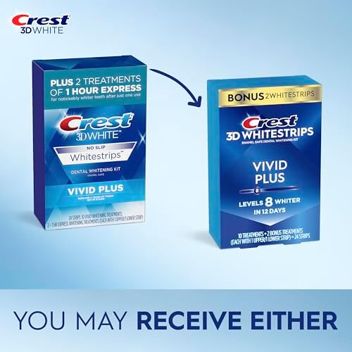 Crest 3D Whitestrips Vivid Plus, Teeth Whitening Strip Kit, 10 Treatments + 2 Bonus Treatments (Each with 1 Upper/1 Lower Strip), 24 Strips, 8 Levels Whiter, Teeth Whitening Kit