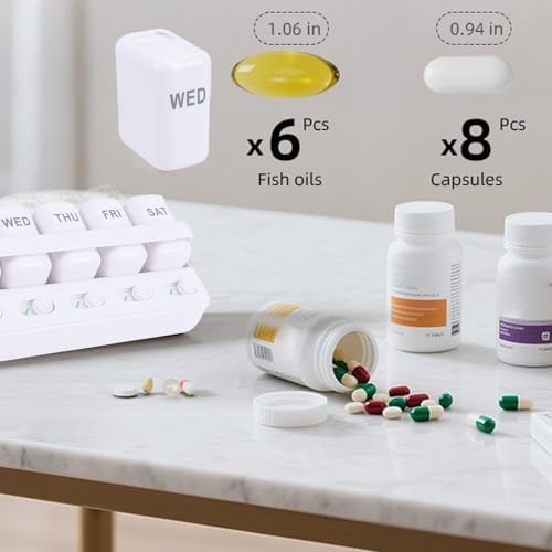 Fockety Weekly Pills Organizer, 7 Day Pills Case with Large Compartments, Daily Pills Box, Medicines Planner, Vitamin Organizer for Medication, Vitamins, Supplements, Fish Oils (White)