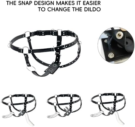 BDSM Strapon Dildo Harness with Butt Plug – Double Penetration Adjustable Black Leather Dildo Belt for Couples – Fetish Strap Toy for Dominance & Submission Play (32"+Waist)