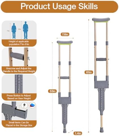 Lightweight Aluminum Wood Grain Cane Crutches for Adults & Elderly (5.92ft-6.75ft Height Fit) – Adjustable, Built-in Storage, 250lb Capacity, Mobility Aid for Walking Support