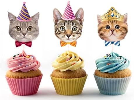24PCS Cake Toppers Cat Pet Birthday Cupcake Topper Cat Face Kitten Themed Party Cake Decorations Baby Shower Party Supplies