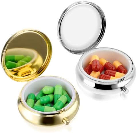 2Pcs Pill Box Small Pill Case for Purse or Pocket, Portable Cute Pill Container Metal Pill Box Decorative Medicine, Vitamin, Fish Oil and Supplements Holder Organizer (Silver&Gold)