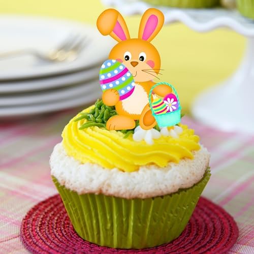 Cute Easter Bunny Edible Cupcake Toppers – Stand Up Wafer Cake Decorations for Easter Cakes, Cupcakes & Treats – 5cm / 2 Inch Uncut Bunnies with Eggs, Carrots & Flowers (24)