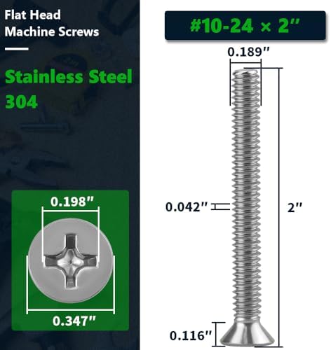 #10-24 x 2 (50 Pack) Phillips Flat Head Machine Screws, Stainless Steel 304 (18-8), UNC Coarse Thread, Countersunk Head Machine Screws, Phillips Drive #2
