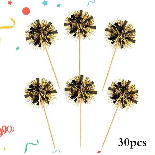 30 PCS Foil Firework Cupcake Toppers Sparkle Tinsel Cake Toppers Happy Birthday Cake Decorations Tinsel Drink Cocktail Picks for Fireworks Theme Birthday Wedding Graduation Party Supplies Black Gold