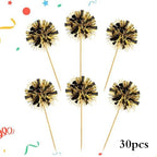 30 PCS Foil Firework Cupcake Toppers Sparkle Tinsel Cake Toppers Happy Birthday Cake Decorations Tinsel Drink Cocktail Picks for Fireworks Theme Birthday Wedding Graduation Party Supplies Black Gold