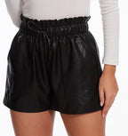 High Waisted Wide Leg Black Faux Leather Shorts for Women