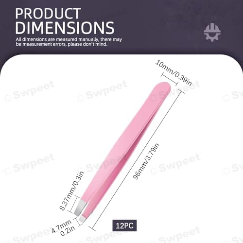 Swpeet 12Pcs 3.79 Inches Pink Eyebrow Tweezers Stainless Steel Slant Tip Tweezers Kit, Professional Eyebrow Facial and Hair Remover, Slant Pointed Precision Tweezers Fits for Men and Women