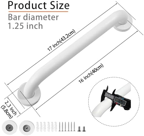 Shower Grab Bar, 2 Pack 16 Inch White Bathroom Grab Bar, 1.25" Diameter 304 Stainless Steel Anti-Slip Grab Bars for Bathtubs and Showers, Handicap Shower Grab Bar for Seniors Elderly