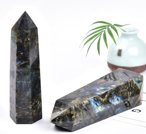 Large Labradorite Crystal Tower Natural Healing Crystal Point Wand Obelisk 6 Faceted Reiki Chakra Meditation Therapy Home Decor Gift 1.5-2 LBS