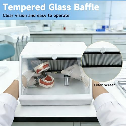 Dental Lab LED Grinding Dust Collector Box with Tempered Glass Baffle, Dual Vacuum System with 2 Filters