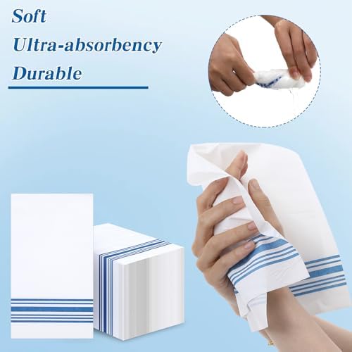 200 Pack Guest Napkins Disposable Paper Hand Towels Bathroom Decorative Napkins Linen Feel Soft Absorbent Bulk Dinner Paper Towels for Kitchen Event Wedding Christmas Party(Blue Stripe)