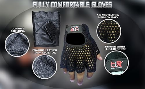Chauffeur Driving Gloves Mesh Net Fingerless Cowhide Leather Palm Cotton Crochet Back Cycling, Wheelchair Gloves