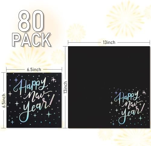 Whaline 80Pcs New Year Luncheon Napkins Disposable Paper Napkin Decorative Black Holographic Happy New Year Dessert Dinner Hand Napkin for Christmas Party Supplies Table Decor
